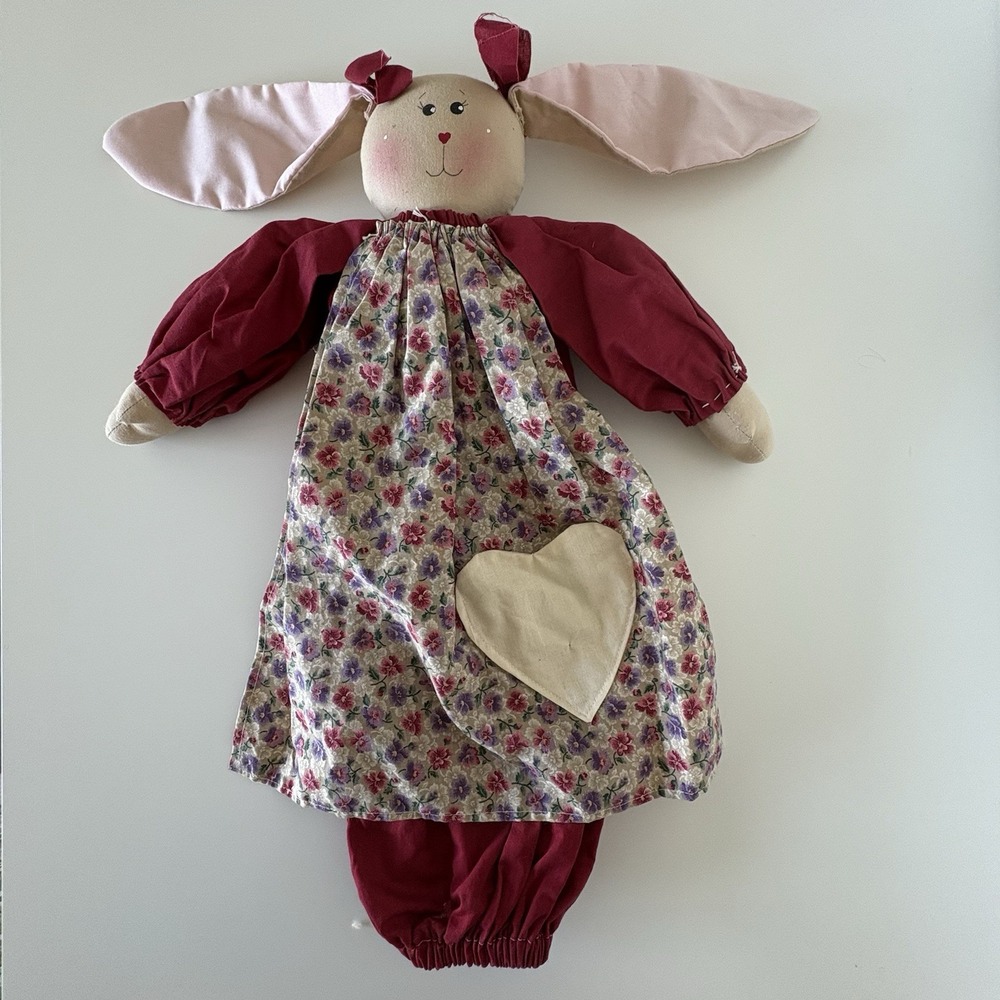 Vintage Rag Doll Bunny Rabbit Handmade Hand-Painted Face Hearts Floral EASTER!